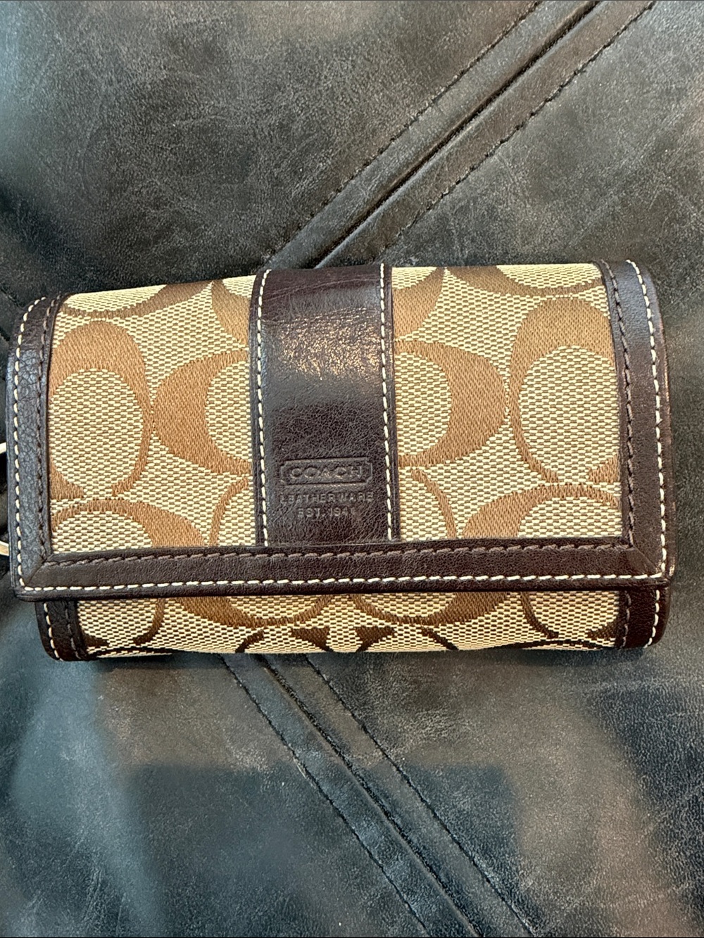 Coach Brown Signature Canvas Trifold Wallet with Dark Brown Leather Trim
